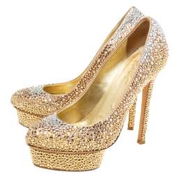 Pre Owned Le Silla Gold Crystal Embellished Satin Platform Pumps Size 38