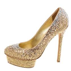 Pre Owned Le Silla Gold Crystal Embellished Satin Platform Pumps Size 38