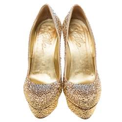 Pre Owned Le Silla Gold Crystal Embellished Satin Platform Pumps Size 38