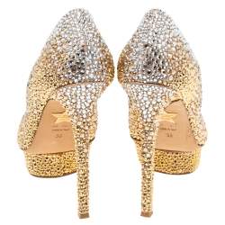 Pre Owned Le Silla Gold Crystal Embellished Satin Platform Pumps Size 38