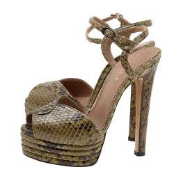Pre Owned Le Silla Green Python Ankle Strap Platform Sandals Size 37