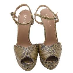 Pre Owned Le Silla Green Python Ankle Strap Platform Sandals Size 37