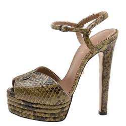 Pre Owned Le Silla Green Python Ankle Strap Platform Sandals Size 37