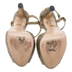 Pre Owned Le Silla Green Python Ankle Strap Platform Sandals Size 37