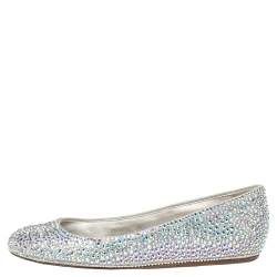Pre Owned Le Silla Grey Satin Crystal Embellished Ballet Flats Size 37.5