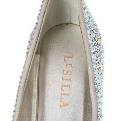 Pre Owned Le Silla Grey Satin Crystal Embellished Ballet Flats Size 37.5