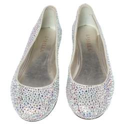 Pre Owned Le Silla Grey Satin Crystal Embellished Ballet Flats Size 37.5