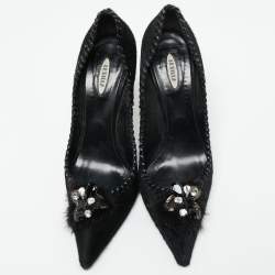 Pre Owned Le Silla Black Calf Hair Crystal Embellished Pointed Toe Pumps Size 38