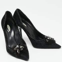 Pre Owned Le Silla Black Calf Hair Crystal Embellished Pointed Toe Pumps Size 38