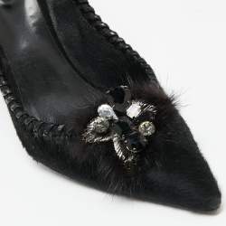 Pre Owned Le Silla Black Calf Hair Crystal Embellished Pointed Toe Pumps Size 38