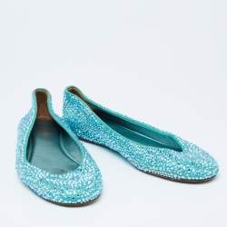 Pre Owned Le Silla Metallic Blue Suede Crystal Embellished Ballet Flats Size 37