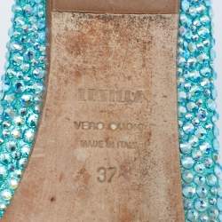 Pre Owned Le Silla Metallic Blue Suede Crystal Embellished Ballet Flats Size 37