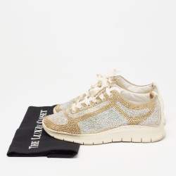 Pre Owned Le Silla White Leather And Fabric  Crystal Embellished Low Top Sneakers Size 37