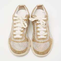 Pre Owned Le Silla White Leather And Fabric  Crystal Embellished Low Top Sneakers Size 37