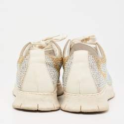Pre Owned Le Silla White Leather And Fabric  Crystal Embellished Low Top Sneakers Size 37