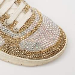 Pre Owned Le Silla White Leather And Fabric  Crystal Embellished Low Top Sneakers Size 37