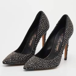 Le Silla Black Leather Crystal Embellished Pointed Toe Pumps Size 38