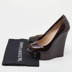 Pre Owned Le Silla Burgundy Patent Leather Wedge Peep Toe Pumps Size 38