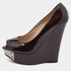 Pre Owned Le Silla Burgundy Patent Leather Wedge Peep Toe Pumps Size 38