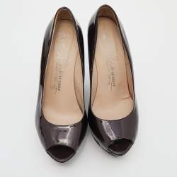 Pre Owned Le Silla Burgundy Patent Leather Wedge Peep Toe Pumps Size 38