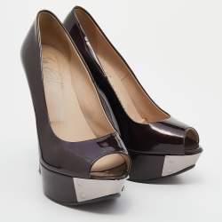 Pre Owned Le Silla Burgundy Patent Leather Wedge Peep Toe Pumps Size 38