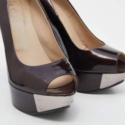 Pre Owned Le Silla Burgundy Patent Leather Wedge Peep Toe Pumps Size 38