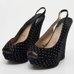 Le Silla Black Suede Crystal Embellished Wedge Platform Slingback Sandals Size 38