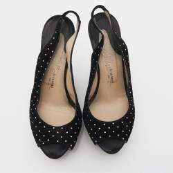 Le Silla Black Suede Crystal Embellished Wedge Platform Slingback Sandals Size 38