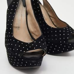 Le Silla Black Suede Crystal Embellished Wedge Platform Slingback Sandals Size 38