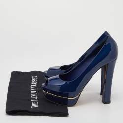 Pre Owned Le Silla Blue Patent Leather Platform Peep Toe Pumps Size 37.5