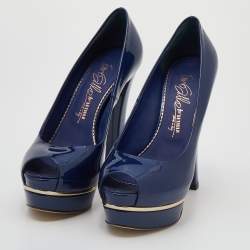 Pre Owned Le Silla Blue Patent Leather Platform Peep Toe Pumps Size 37.5