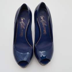 Pre Owned Le Silla Blue Patent Leather Platform Peep Toe Pumps Size 37.5