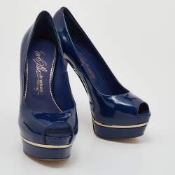 Pre Owned Le Silla Blue Patent Leather Platform Peep Toe Pumps Size 37.5