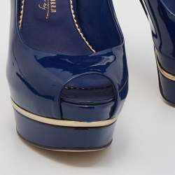 Pre Owned Le Silla Blue Patent Leather Platform Peep Toe Pumps Size 37.5