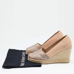 Pre Owned Le Silla Nude Leather Crystal Embellished Wedge Espadrilles Pumps Size 38