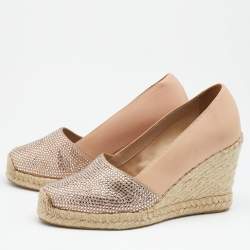 Pre Owned Le Silla Nude Leather Crystal Embellished Wedge Espadrilles Pumps Size 38