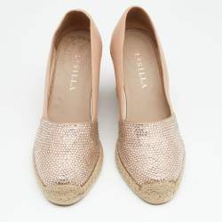 Pre Owned Le Silla Nude Leather Crystal Embellished Wedge Espadrilles Pumps Size 38