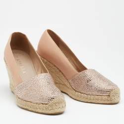 Pre Owned Le Silla Nude Leather Crystal Embellished Wedge Espadrilles Pumps Size 38