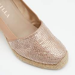 Pre Owned Le Silla Nude Leather Crystal Embellished Wedge Espadrilles Pumps Size 38