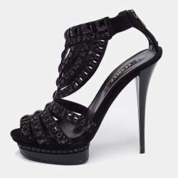 Le Silla Black Suede T Strap Embellished Platform Sandals Size 36.5