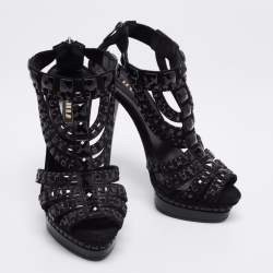 Le Silla Black Suede T Strap Embellished Platform Sandals Size 36.5
