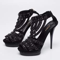 Le Silla Black Suede T Strap Embellished Platform Sandals Size 36.5