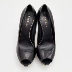 Pre Owned Le Silla Black Leather Peep Toe Platform Pumps Size 39