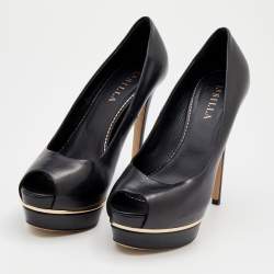 Pre Owned Le Silla Black Leather Peep Toe Platform Pumps Size 39