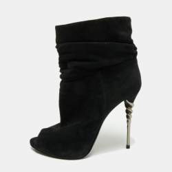 Le Silla Black Suede Peep-Toe Spiral Heel Ankle Boots Size 37.5