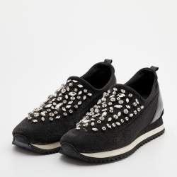 Le Silla Black Lurex Fabric And Leather Crystal Embellished Slip On Sneakers Size 40