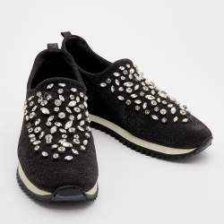 Le Silla Black Lurex Fabric And Leather Crystal Embellished Slip On Sneakers Size 40