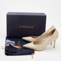 Le Silla Off-White Croc Embossed Leather Eva Pointed Toe Pumps Size 36