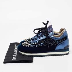 Pre Owned Le Silla Navy Blue Velvet and Leather Crystal Embellished Low Top Sneakers Size 38.5