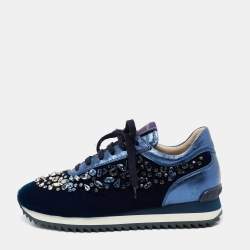 Pre Owned Le Silla Navy Blue Velvet and Leather Crystal Embellished Low Top Sneakers Size 38.5